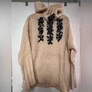 Free People Beige Turtleneck Sweater with Black Floral Accents